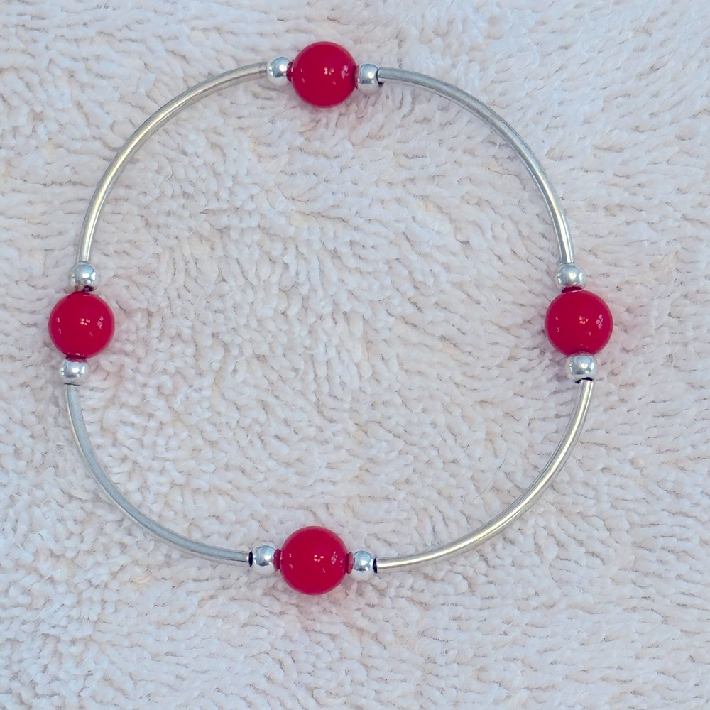 Red Bead & Silver Tone Stretch Bracelet